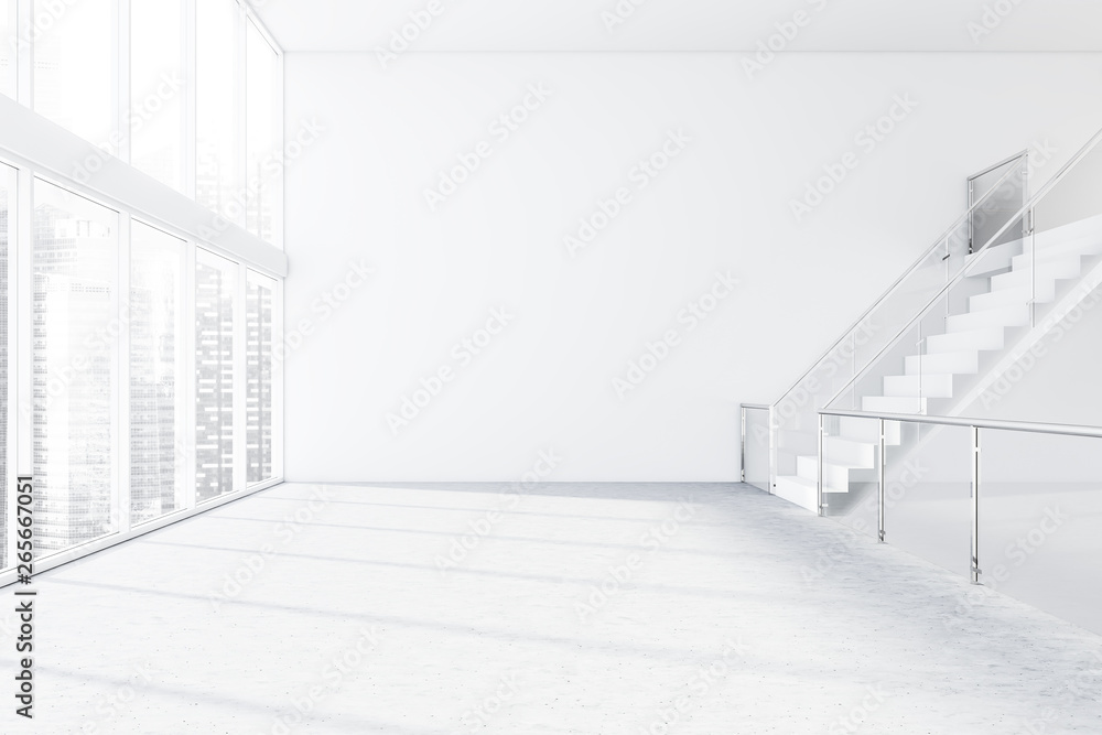 Interior of white industrial room with staircase