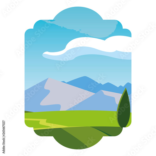 field camp and mountains landscape scene