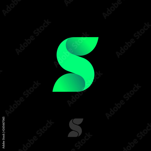 S logo. S monogram. S abstract volume letter. Green letter on a dark circle. Monochrome design.