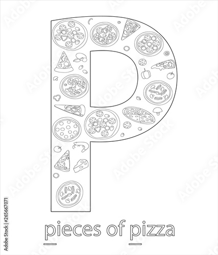 Black And White Alphabet Letter P Phonics Flashcard Cute Letter P For Teaching Reading With Cartoon Style Pieces Of Pizza Coloring Page For Children Stock Vector Adobe Stock