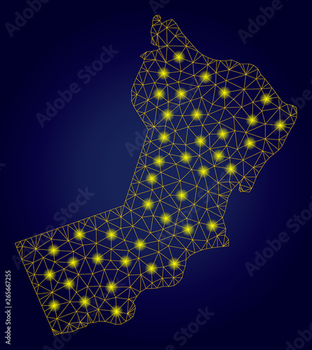 Yellow mesh vector Yemen map with glare effect on a dark blue gradiented background. Abstract lines, light spots and circle dots form Yemen map constellation. photo