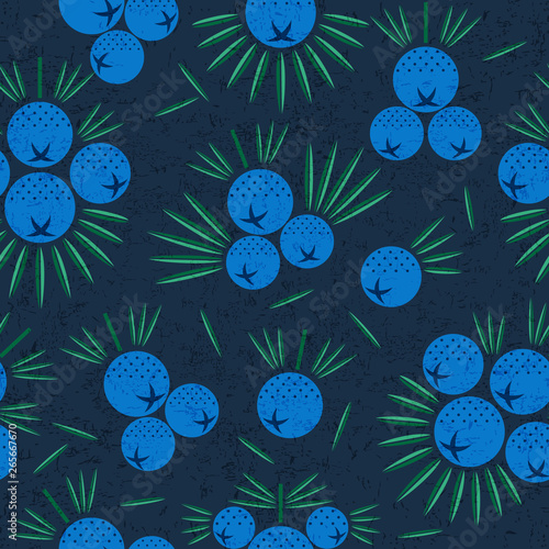 Juniper berries seamless pattern. Juniper berries with leaves on shabby background. Original simple flat illustration. Shabby style.