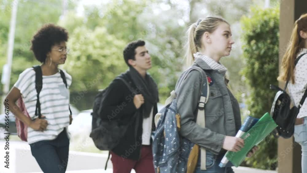 Panning shot of group of college students holding files and walking together in campus Panning shot of group of college students holding files and walking together in campus