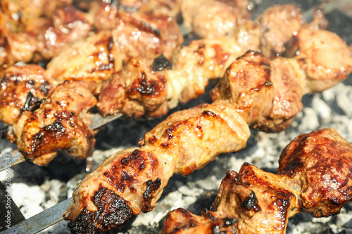 Wallpaper Mural Meat skewers on grill as background, closeup. Outdoor kitchen Torontodigital.ca