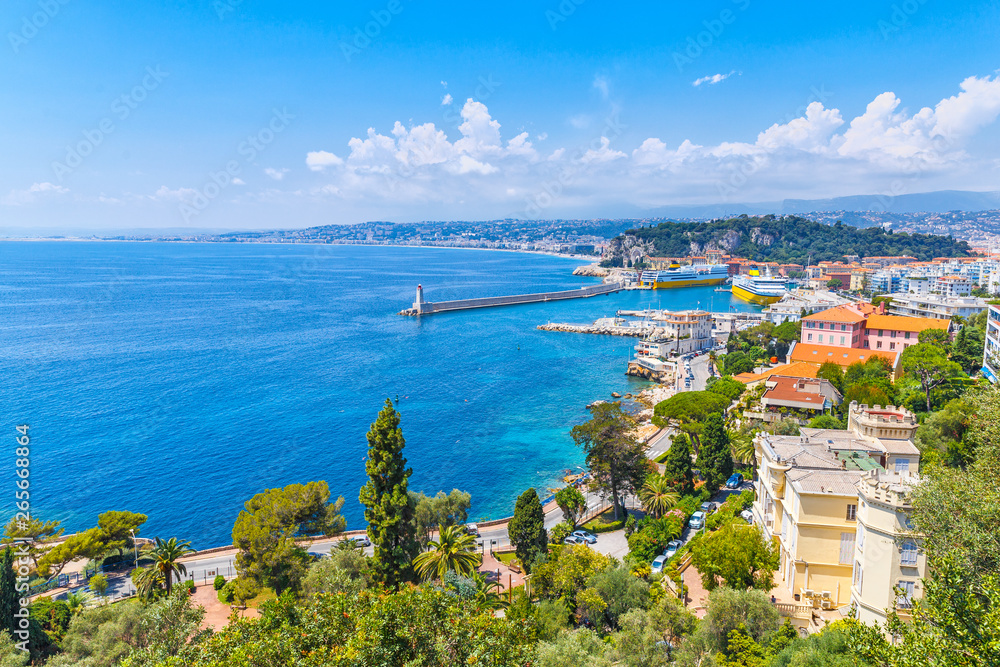 Amazing view of luxury resort Nice on French Riviera at Mediterranean Sea. Nice is famous and popular travel destination and summer recreation spot on Cote d'Azur, France.
