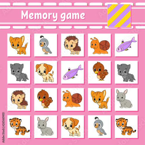 Memory game for kids. Education developing worksheet. Activity page with pictures. Puzzle game for children. Logical thinking training. Isolated vector illustration. Funny character. Cartoon style.
