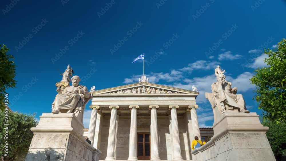 Front view of academy of Athens with the statues of Socrates, Plato, Athena and Apollo Front view of academy of Athens with the statues of Socrates, Plato, Athena and Apollo