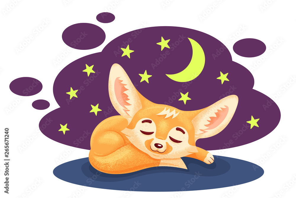 Fototapeta premium Sleeping cartoon fennec fox against starry night background. Cute kawaii character. Funny emotion and face expression