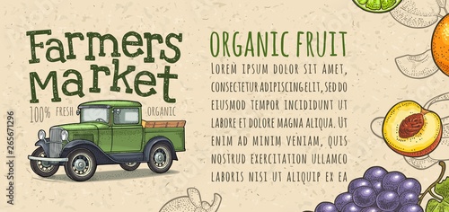 Retro pickup truck engraving. Handwriting lettering Farmers market