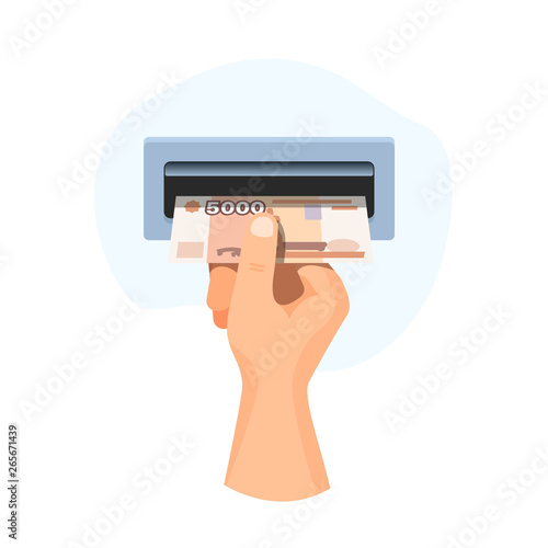 Hand  insert in atm money 5000 rubles, banknote vector business illustration