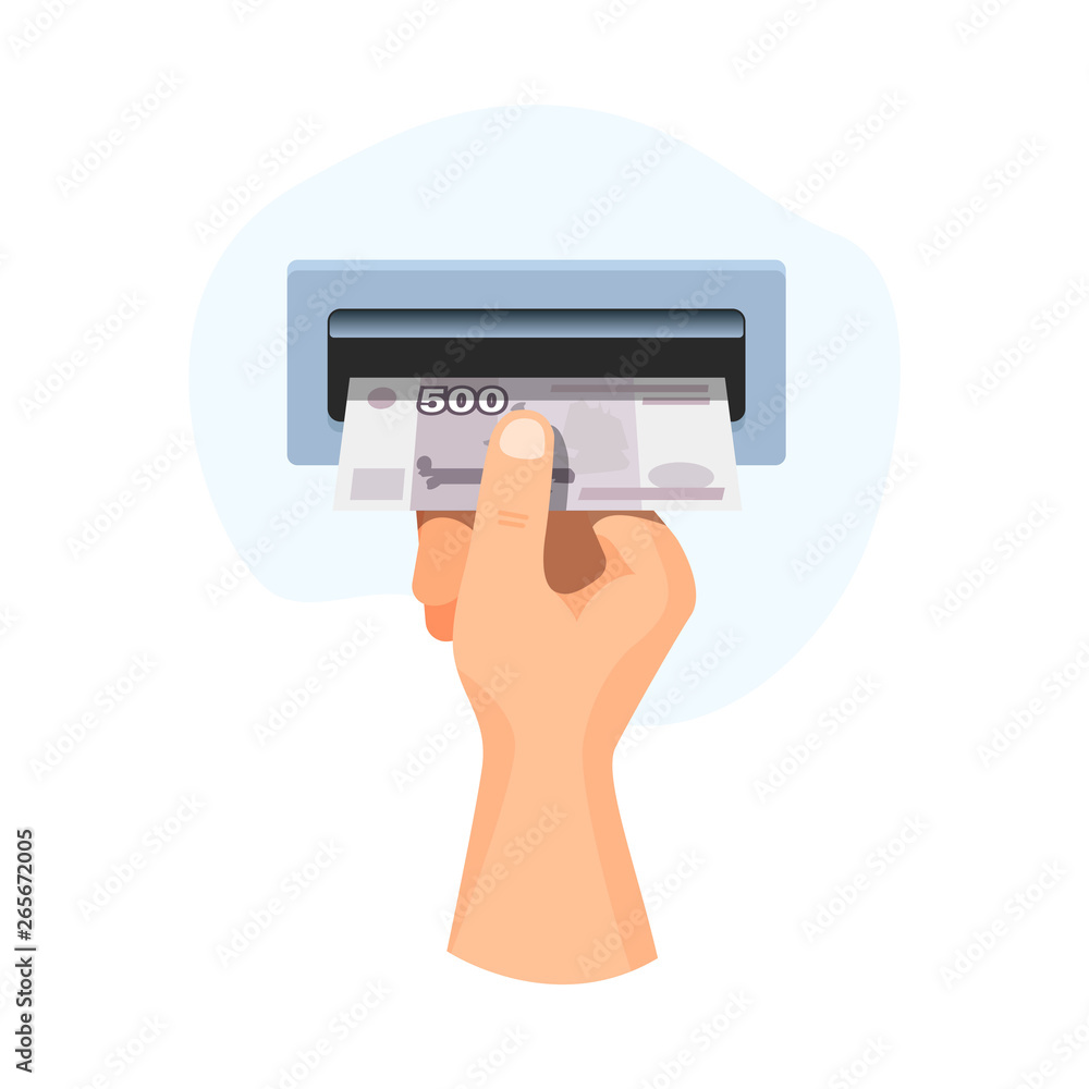 Hand insert in atm money 500 rubles, banknote vector business illustration Hand insert in atm money 500 rubles, banknote vector business illustration