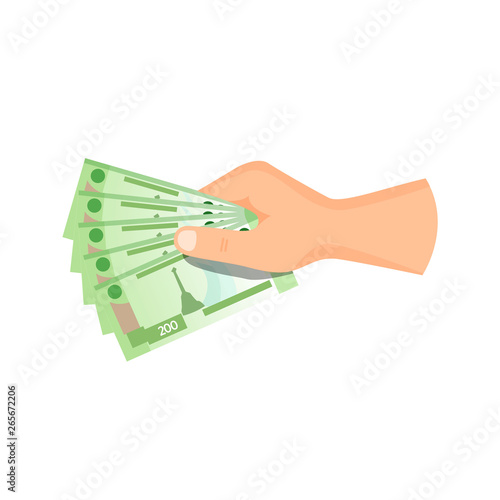 Hand give / take paper money banknote 200 rubles, vector business illustration