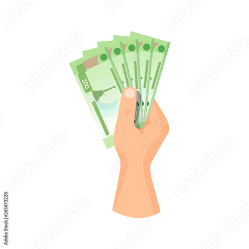 Hand give / take paper money banknote 200 rubles, vector business illustration