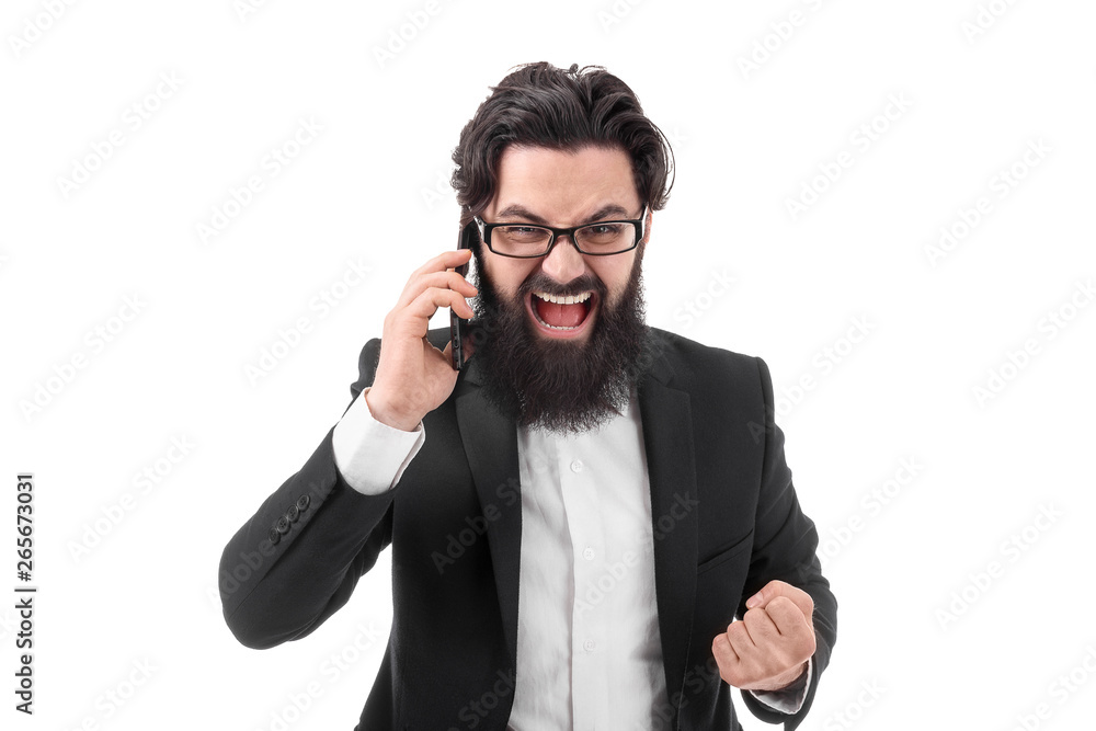 aggressive bearded businessman shouting on the smartphone, isolated on white background, telephone conflict aggressive bearded businessman shouting on the smartphone, isolated on white background, telephone conflict