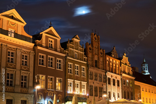 Historic Townhouses in the Old Market Square at night in Poznan.
