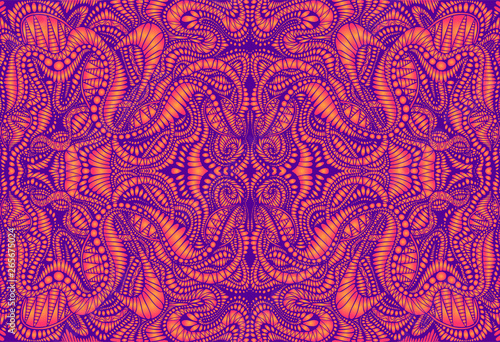 Vintage psychedelic trippy colorful fractal pattern. Gradient neon violet, orange colors. Decorative surreal abstract mandala with maze of ornament shamanic fantasy texture. Vector illustration.