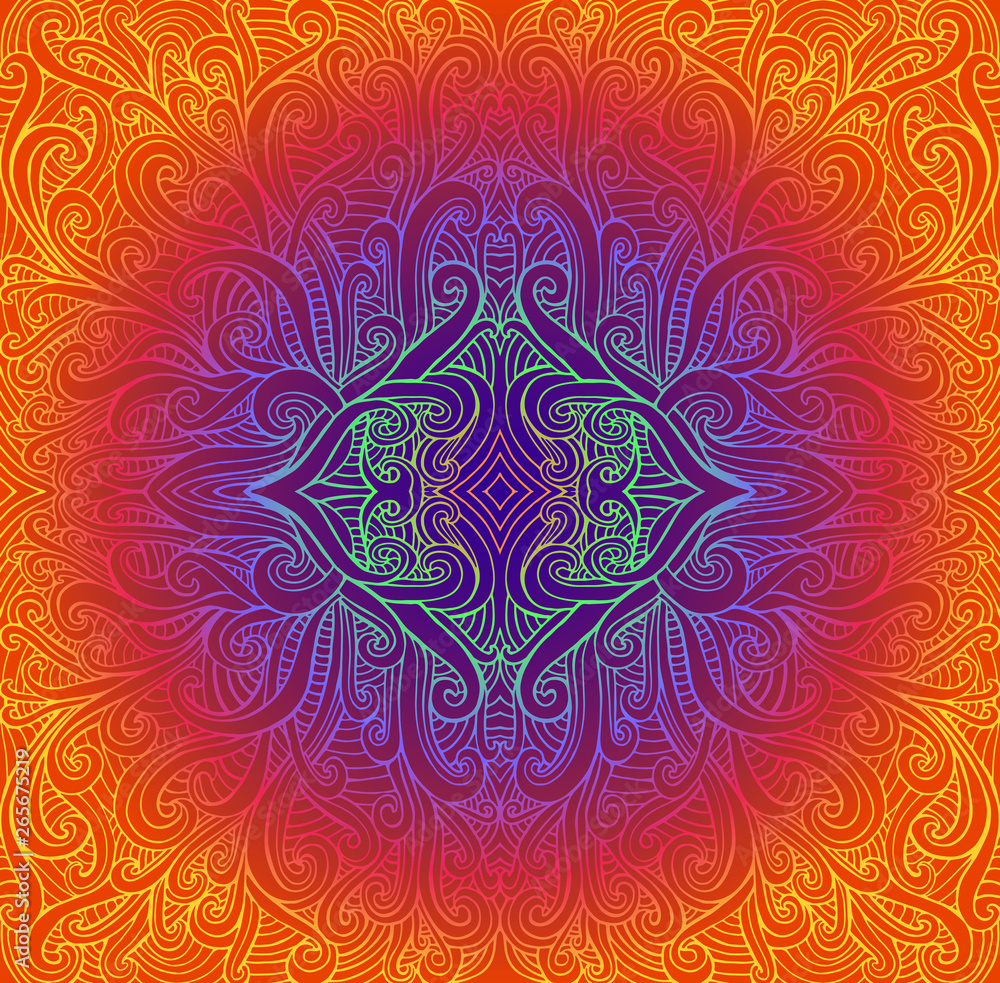 Psychedeli abstract tribal Mandala. Bright vintage round pattern. Vector ethnic illustration fractal background. Neon gradient colors.