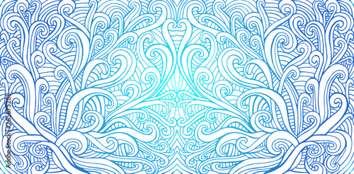 Doodle waves abstract psychedelic background. Isolated on white background. Blue and dark blue gradient color decorative surreal wavy texture. Vector fantasy colorful bohemian pattern.