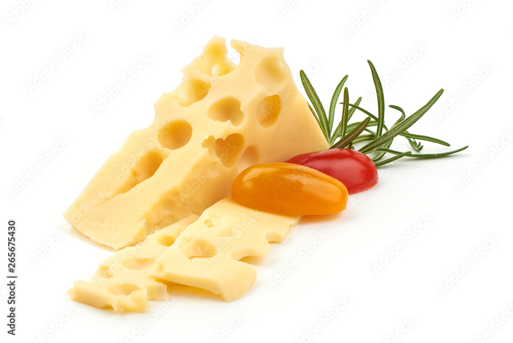 Italian cheese with tomatoes and rosemary, close-up, isolated on white background Italian cheese with tomatoes and rosemary, close-up, isolated on white background
