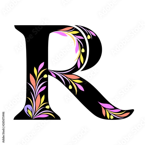 Letter R - colored floral design. Vector template. 