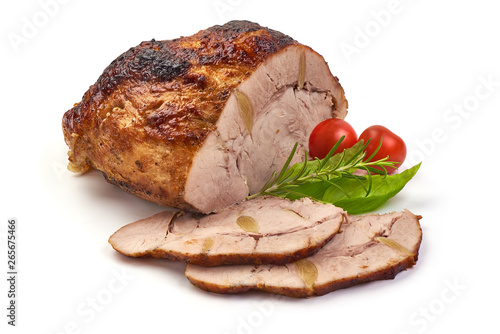 Roasted pork meat, Christmas baked spicy galzed meat, close-up, isolated on white background