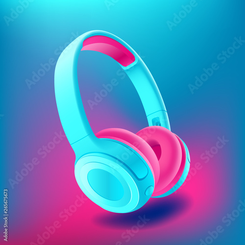 Blue and pink headphones isolated on bluee background, realistic vector illustration.