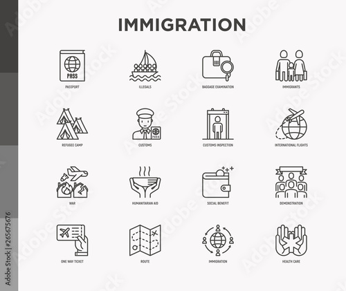 Immigration thin line icons set: immigrants, illegals, baggage examination, passport, international flights, customs, inspection, refugee camp, one way ticket, route. Modern vector illustration.