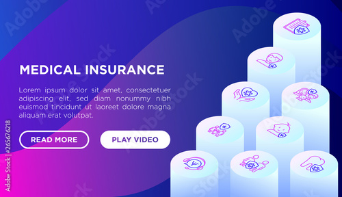 Medical insurance web page template with thin line isometric icons: policy, life insurance, psychological support, maternity program, 24/7 support, mobile app, telemedicine. Vector illustration.