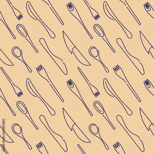 Cooking Seamless Background. Contour Cutlery Background. Isolated kitchen utensils. One Line Drawing. Vector illustration