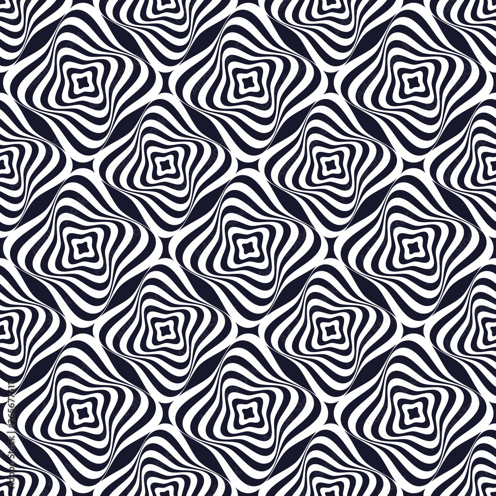 Vector illustration of black and white warped rhombuses and stars in checkered geometric layout. Seamless repeat pattern for gift wrap, textile, fabric, scrapbooking and fashion. Vector illustration of black and white warped rhombuses and stars in checkered geometric layout. Seamless repeat pattern for gift wrap, textile, fabric, scrapbooking and fashion.