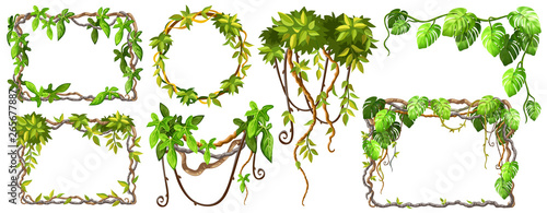 Liana branches and tropical leaves. Set game elements plants of jungle and cartoon frames with space for text. Isolated vector illustration on white background.