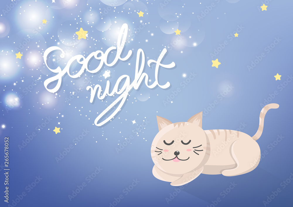Good night, calligraphy, sweet dream greeting card background cover template decoration, adorable kitten sleeping under magic stars glitter fantasy, cute cartoon invitation vector