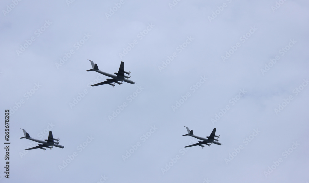 Military air force jet planes flying in sky in St. Petersburg, Russia 