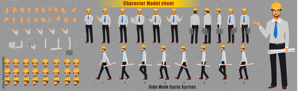 Engineer Character Model sheet with Walk cycle Animation Sequence Stock  Vector | Adobe Stock
