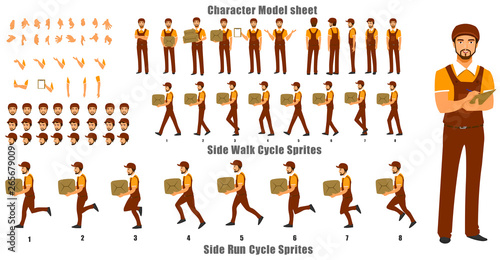 Courier Person Character Model sheet with Walk cycle and Run cycle Animation Sequence