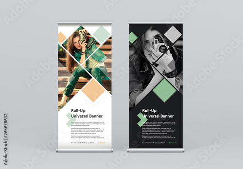 Black and White Roll-Up Banner Layout with Colorful Square Elements