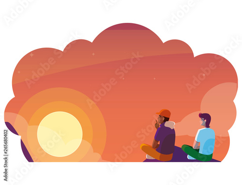 men couple contemplating horizon of sky sunset scene