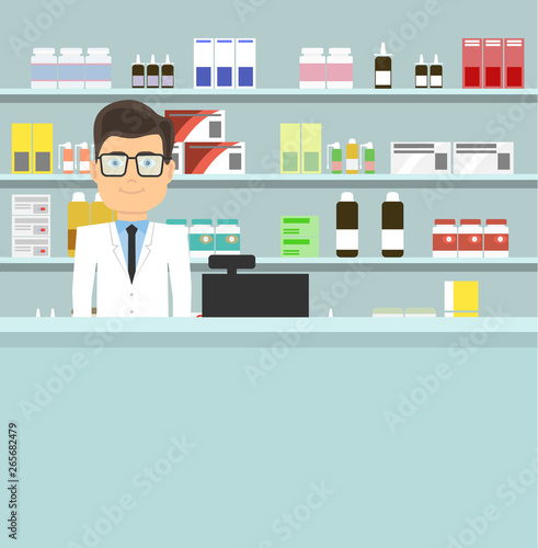 Pharmacist in a pharmacy on the background of the shelves with medicines. The concept of the interior pharmacy. Vector illustration