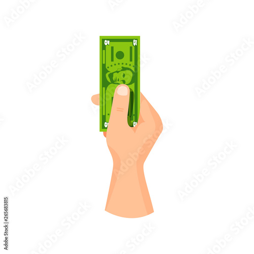 Hand give / take paper money banknote 5 dollars, vector business illustration