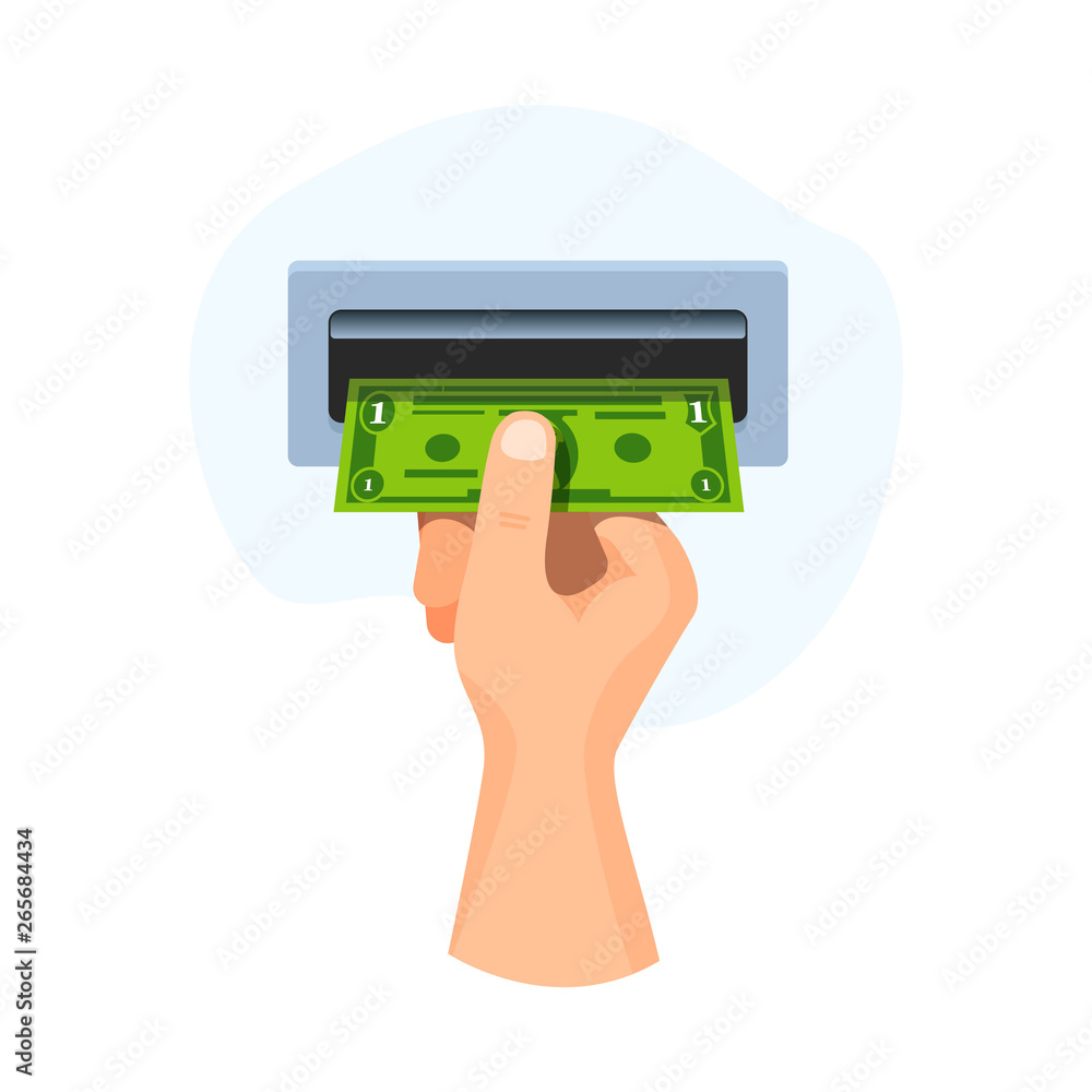 Hand insert in atm money 1 dollar, banknote vector business illustration Hand insert in atm money 1 dollar, banknote vector business illustration