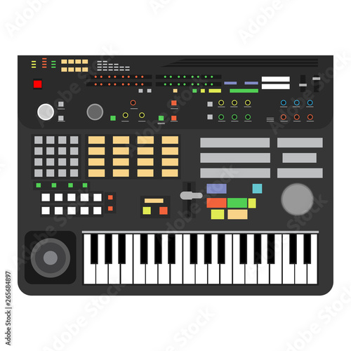 Illustration design art classic technology performance keys piano. Professional composer synhesizer music logo. Media stereo bass mixer instrument keyboard. Studio background vectir DJ icon sound.