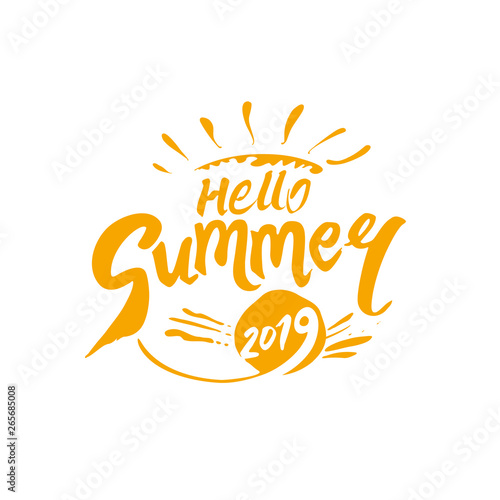 Hello Summer 2019. Seasonal logo yellow inscription and sun crown. Vector lettering template. 