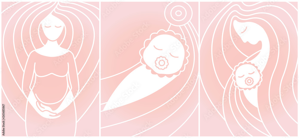 Pregnancy and childbirth. Linear vector icons. Pregnant woman, baby and mother on pink background.