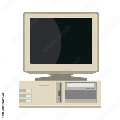 Retro computer front view device equipment flat vector icon. 90s machine PC