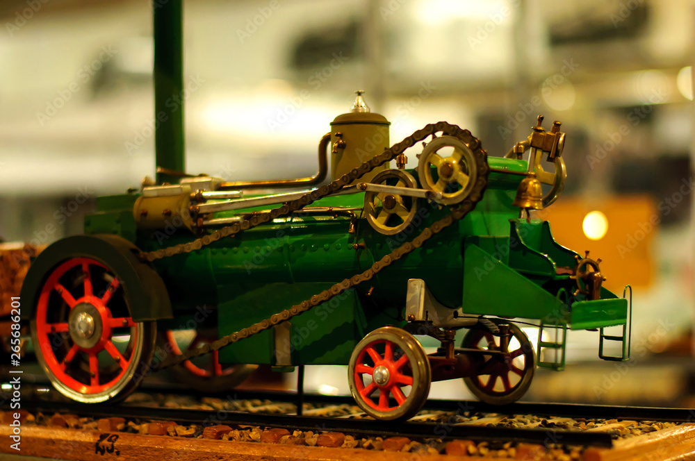 Warsaw, Poland - April 29, 2019: mock retro train in miniature in a railway museum.