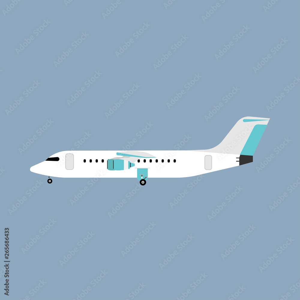 Fototapeta premium Airliner transportation journey white plane side view. Tourist travel airbus vector flat