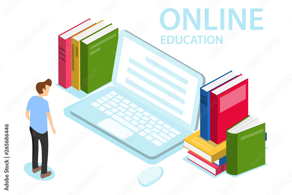 Online education. The concept of online education, training, courses. A man looks at the laptop Online education. The concept of online education, training, courses. A man looks at the laptop