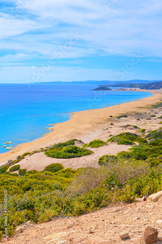 Golden Beach in Karpaz Peninsula, Northern Cyprus taken from adjacent hills. The beautiful sandy beach is a popular Cypriot tourist attraction