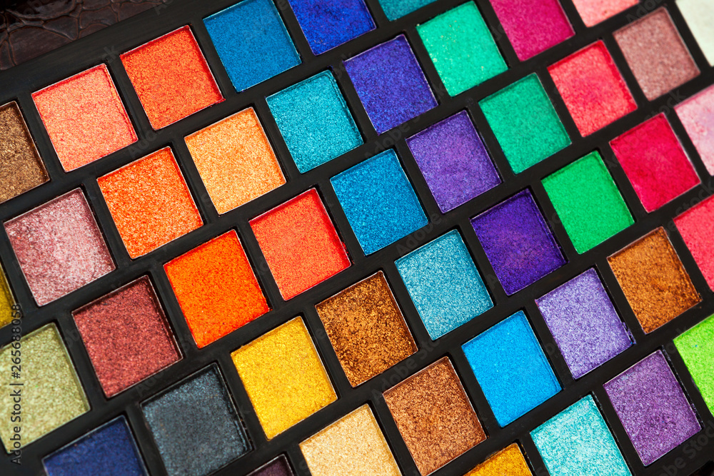 Closeup photo of box with multicolored eyeshadow palette, make-up artist set Closeup photo of box with multicolored eyeshadow palette, make-up artist set
