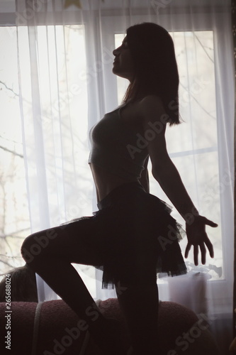 Portrait, silhouette of a sexy seductive beautiful girl dancing in a black ball gown against the bright window. Free Download Portrait, silhouette of a sexy seductive beautiful girl dancing in a black ball gown against the bright window. - GFXLoad